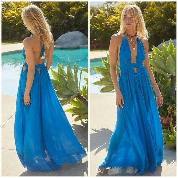 Free People Look Into the Sun Maxi Dress Halter Beach Smocked Cutout S 283586 - Picture 2 of 7